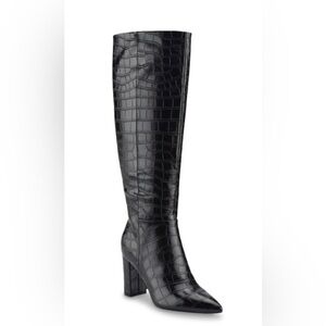 Marc Fisher Groovey black croc embossed‎ pointy toe knee high stacked heel boots